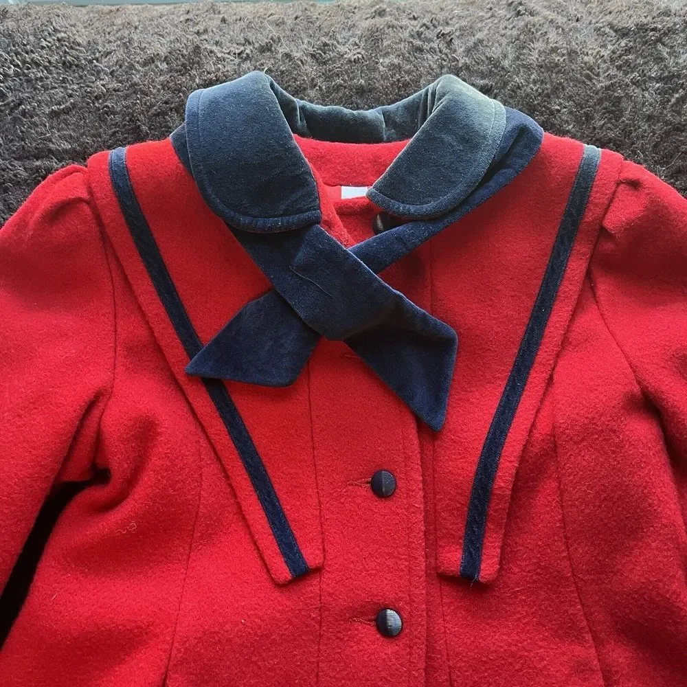 Vintage 80s Wool Nylon‎ Red Christmas Coat Girls 6X Tailored by Rothschild USA